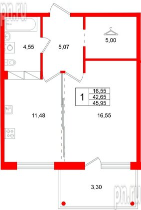 Квартира в ЖК «Финский Квартал», 1 комнатная, 45.95 м², 3 этаж