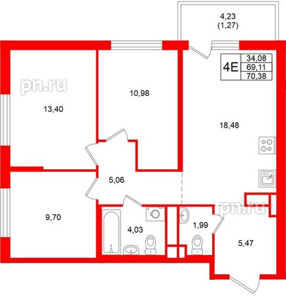 Квартира в ЖК «Имена», 3 комнатная, 70.38 м², 2 этаж