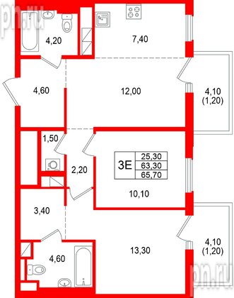 Квартира в ЖК «Янила Форест», 2 комнатная, 65.7 м², 2 этаж
