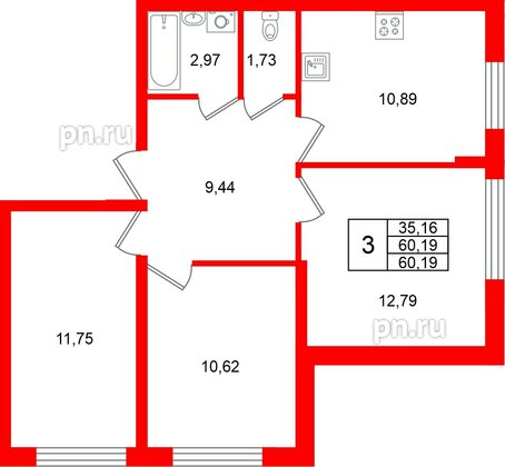 Квартира в ЖК «Финский Квартал», 3 комнатная, 60.19 м², 1 этаж