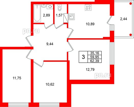 Квартира в ЖК «Финский Квартал», 3 комнатная, 62.39 м², 6 этаж