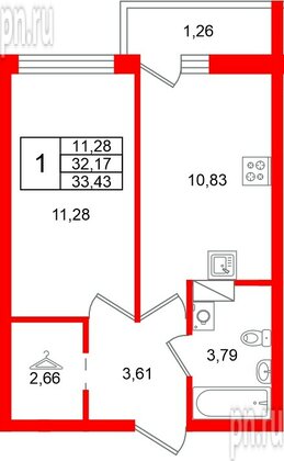 Квартира в ЖК «Финский Квартал», 1 комнатная, 33.43 м², 4 этаж