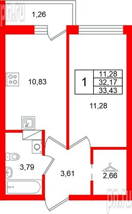 Квартира в ЖК «Финский Квартал», 1 комнатная, 33.43 м², 4 этаж