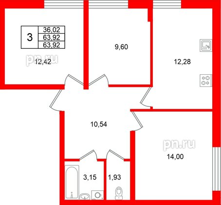 Квартира в ЖК «Финский Квартал», 3 комнатная, 63.92 м², 1 этаж