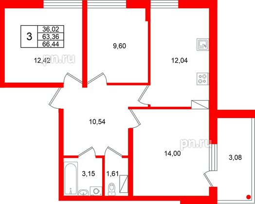 Квартира в ЖК «Финский Квартал», 3 комнатная, 66.44 м², 6 этаж