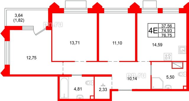 Квартира в ЖК «Респект», 3 комнатная, 76.75 м², 5 этаж