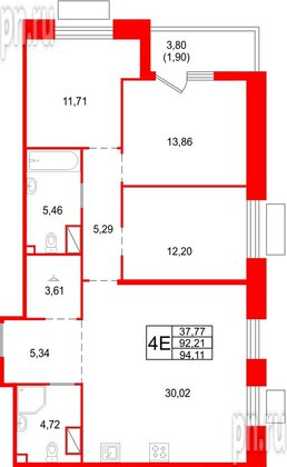 Квартира в ЖК «Респект», 3 комнатная, 94.11 м², 11 этаж
