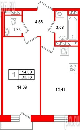 Квартира в ЖК «Слобода», 1 комнатная, 36.18 м², 3 этаж