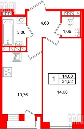 Квартира в ЖК «Слобода», 1 комнатная, 34.52 м², 3 этаж