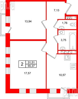 Квартира в ЖК «Слобода», 2 комнатная, 55.37 м², 3 этаж