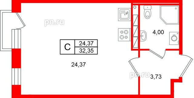 Квартира в ЖК «Слобода», студия, 32.35 м², 1 этаж