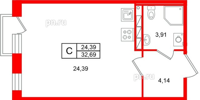 Квартира в ЖК «Слобода», студия, 32.69 м², 3 этаж