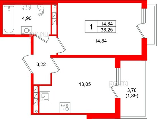 Квартира в ЖК «Слобода», 1 комнатная, 38.25 м², 3 этаж
