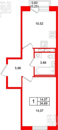 Квартира в ЖК «Слобода», 1 комнатная, 34.69 м², 3 этаж
