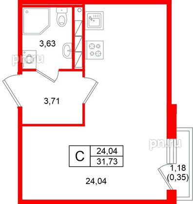 Квартира в ЖК «Слобода», студия, 31.73 м², 3 этаж