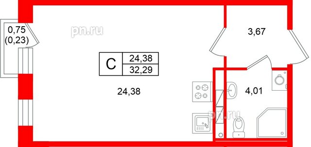 Квартира в ЖК «Слобода», студия, 32.29 м², 3 этаж