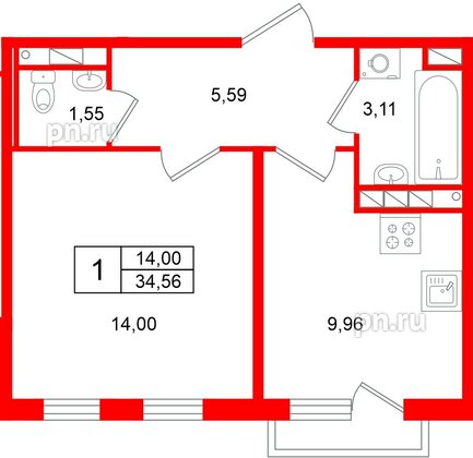 Квартира в ЖК «Слобода», 1 комнатная, 34.56 м², 3 этаж