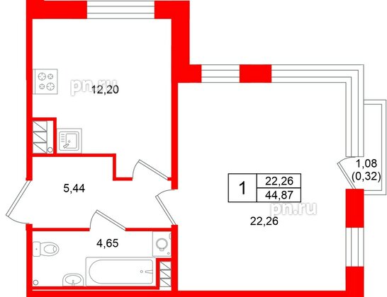Квартира в ЖК «Слобода», 1 комнатная, 44.87 м², 4 этаж