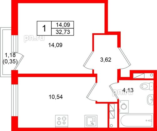Квартира в ЖК «Слобода», 1 комнатная, 32.73 м², 4 этаж