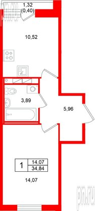 Квартира в ЖК «Слобода», 1 комнатная, 34.84 м², 2 этаж