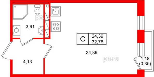 Квартира в ЖК «Слобода», студия, 32.78 м², 2 этаж