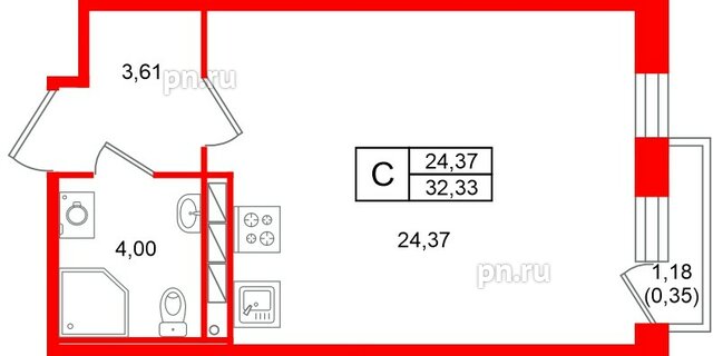 Квартира в ЖК «Слобода», студия, 32.33 м², 2 этаж