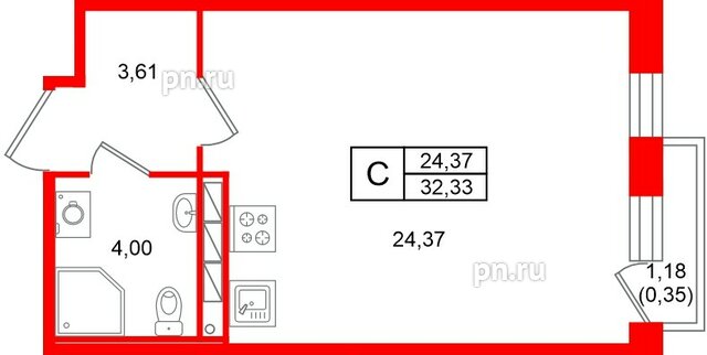 Квартира в ЖК «Слобода», студия, 32.33 м², 4 этаж