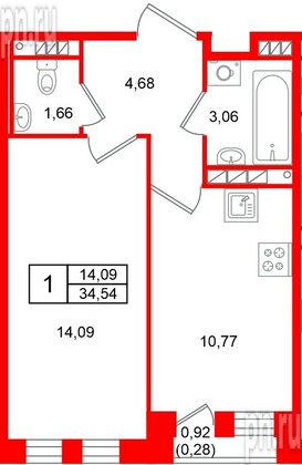 Квартира в ЖК «Слобода», 1 комнатная, 34.54 м², 4 этаж