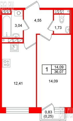 Квартира в ЖК «Слобода», 1 комнатная, 36.06 м², 2 этаж