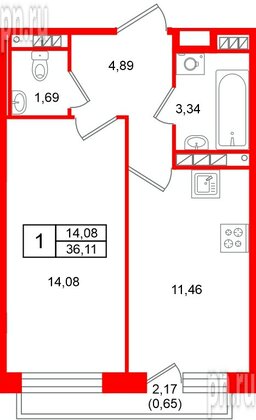 Квартира в ЖК «Слобода», 1 комнатная, 36.11 м², 2 этаж
