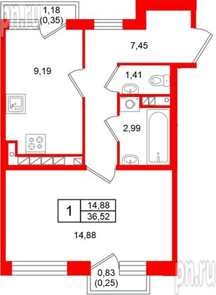 Квартира в ЖК «Слобода», 1 комнатная, 36.52 м², 2 этаж