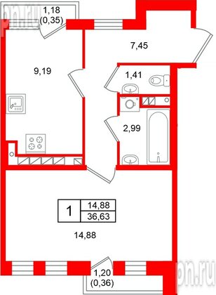 Квартира в ЖК «Слобода», 1 комнатная, 36.63 м², 4 этаж
