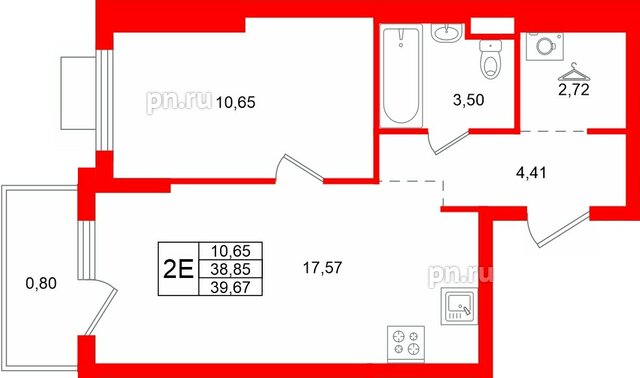 Квартира в ЖК «Заречный парк», 1 комнатная, 39.67 м², 17 этаж