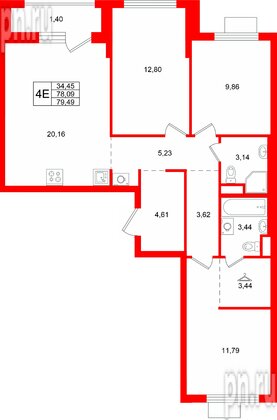 Квартира в ЖК «Заречный парк», 3 комнатная, 79.49 м², 9 этаж