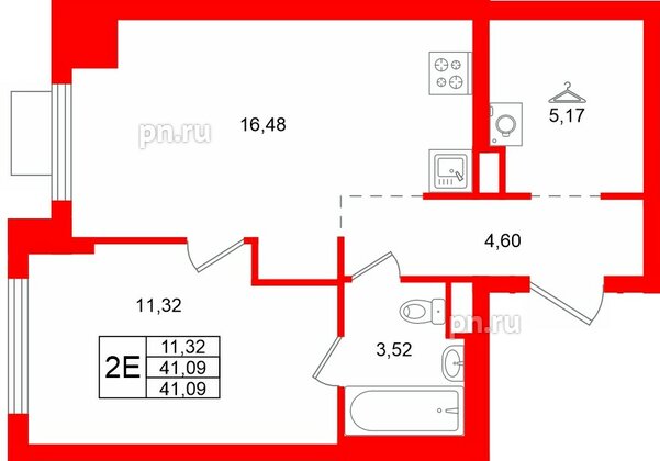 Квартира в ЖК «Заречный парк», 1 комнатная, 41.09 м², 13 этаж