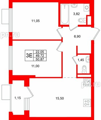 Квартира в ЖК «Заречный парк», 2 комнатная, 50.87 м², 24 этаж
