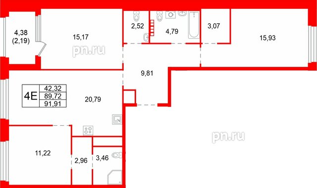 Квартира в ЖК «Акватория», 3 комнатная, 91.91 м², 7 этаж