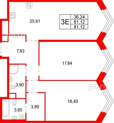 Квартира в ЖК Акватория, 2 комнатная, 81.12 м², 3 этаж