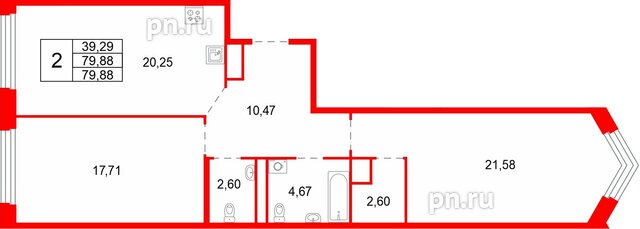 Квартира в ЖК Акватория, 2 комнатная, 79.88 м², 7 этаж