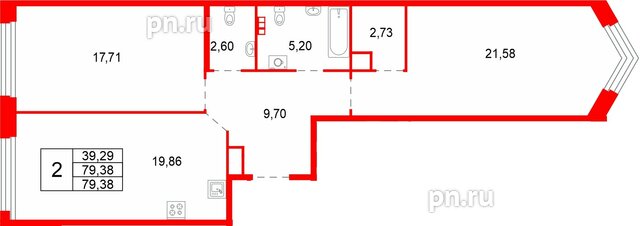 Квартира в ЖК Акватория, 2 комнатная, 79.38 м², 5 этаж