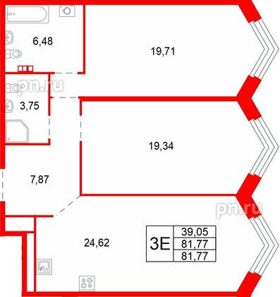 Квартира в ЖК Акватория, 2 комнатная, 81.77 м², 5 этаж