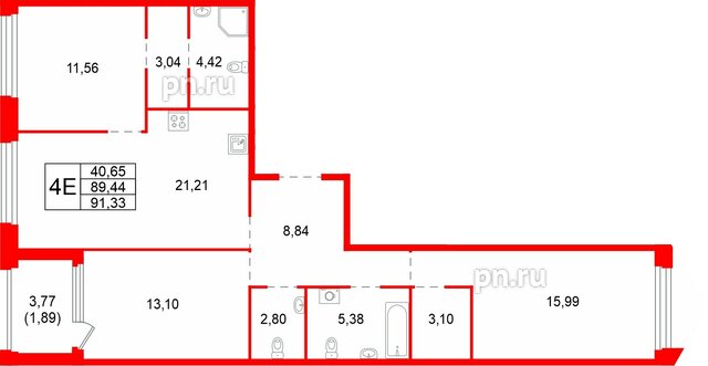 Квартира в ЖК «Акватория», 3 комнатная, 91.33 м², 2 этаж