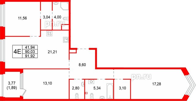 Квартира в ЖК «Акватория», 3 комнатная, 91.92 м², 3 этаж