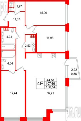 Квартира в ЖК «Акватория», 3 комнатная, 108.54 м², 7 этаж