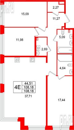 Квартира в ЖК «Акватория», 3 комнатная, 108.18 м², 3 этаж