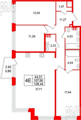 Квартира в ЖК «Акватория», 3 комнатная, 108.44 м², 7 этаж