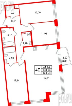 Квартира в ЖК «Акватория», 3 комнатная, 108.94 м², 5 этаж