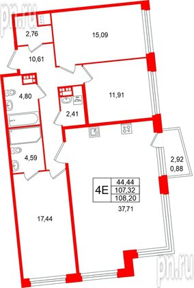 Квартира в ЖК «Акватория», 3 комнатная, 108.2 м², 7 этаж