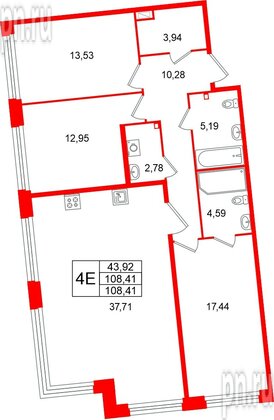 Квартира в ЖК «Акватория», 3 комнатная, 108.41 м², 3 этаж