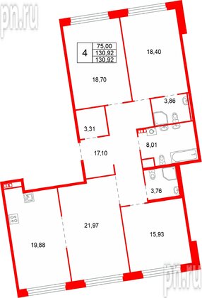 Квартира в ЖК «Акватория», 4 комнатная, 130.92 м², 5 этаж